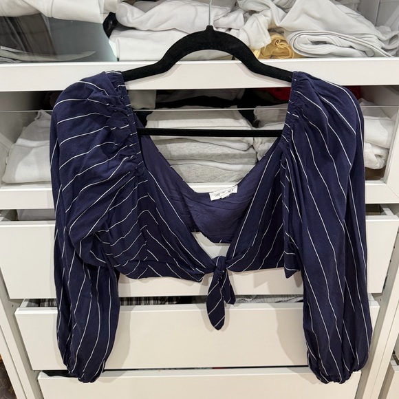 Cotton Candy Tops - Cotton Candy Navy Striped Tie-Front Puff Sleeve Crop Top